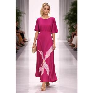 Fuchsia Floral Maxi Dress Statement Orchid Print Flowing Resort Sleeves sz 4